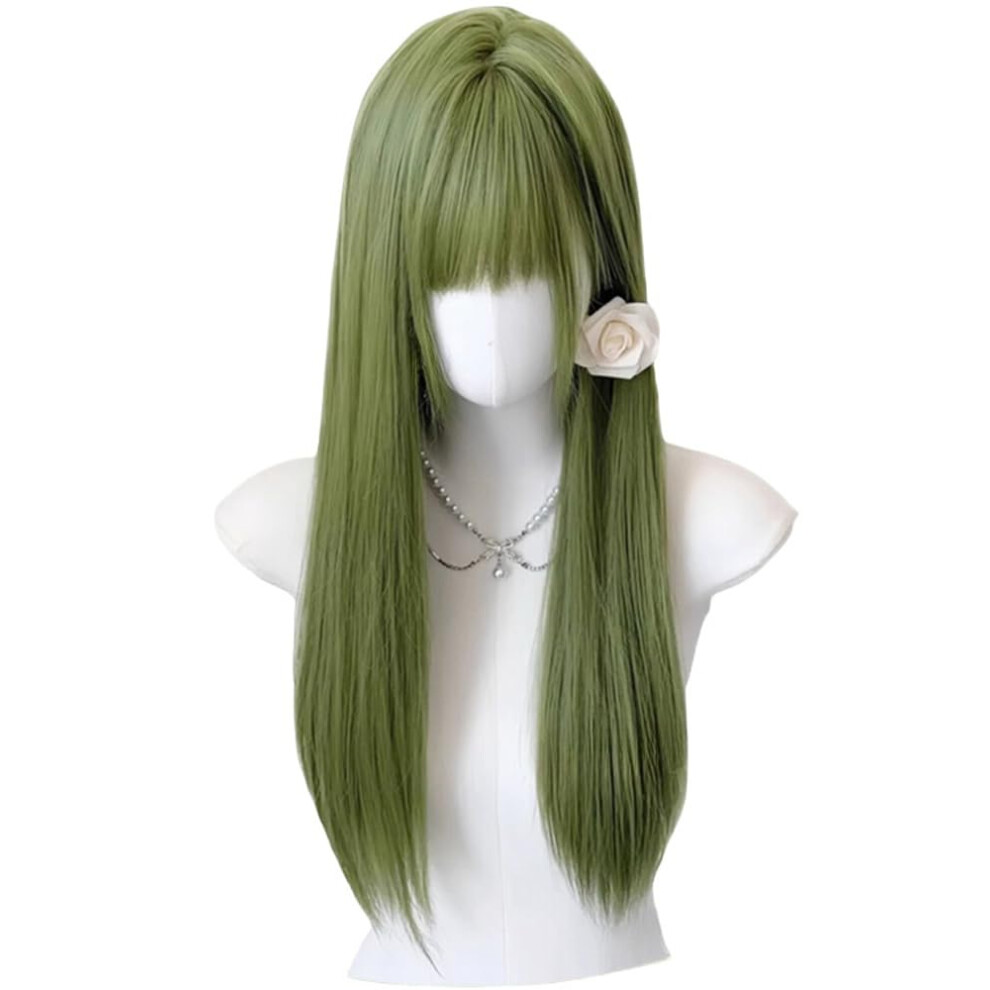 Unisex Green Long Straight Wig With Bangs, Heatresistant Synthetic Fiber For Cosplay And Daily Wear