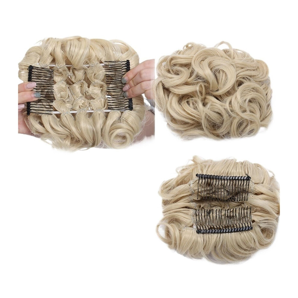 Unisex Bleach Blonde Synthetic Hair Bun Extension With Messy Wavy Style And Quick Clip For Ponytail