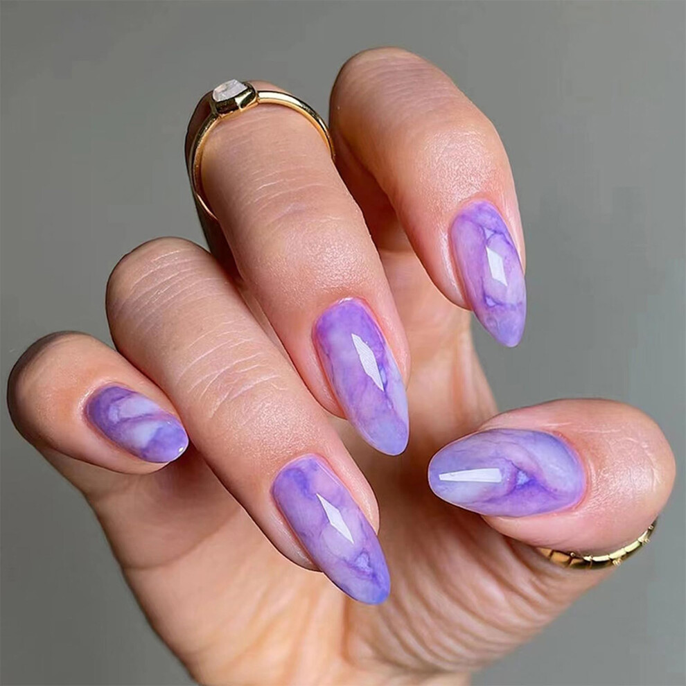 Purple Medium Almond Press On Nails With Glue, Marble Acrylic Fake Nails, Reusable Salon Glossy Set 24Pcs