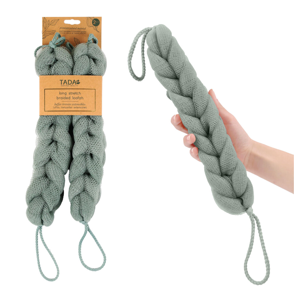 Green Shower Loofah Back Scrubber With Handle, Stretchable Braided Design For Deep Skin Exfoliation Â