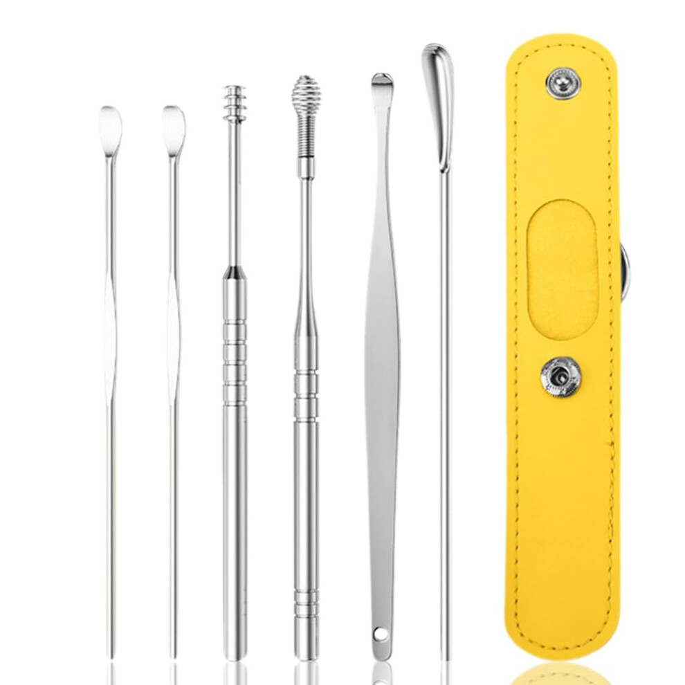 Yellow Earwax Removal Tool Set With Scoop Pick And Helical Tip, Stainless Steel Ear Cleaning Kit
