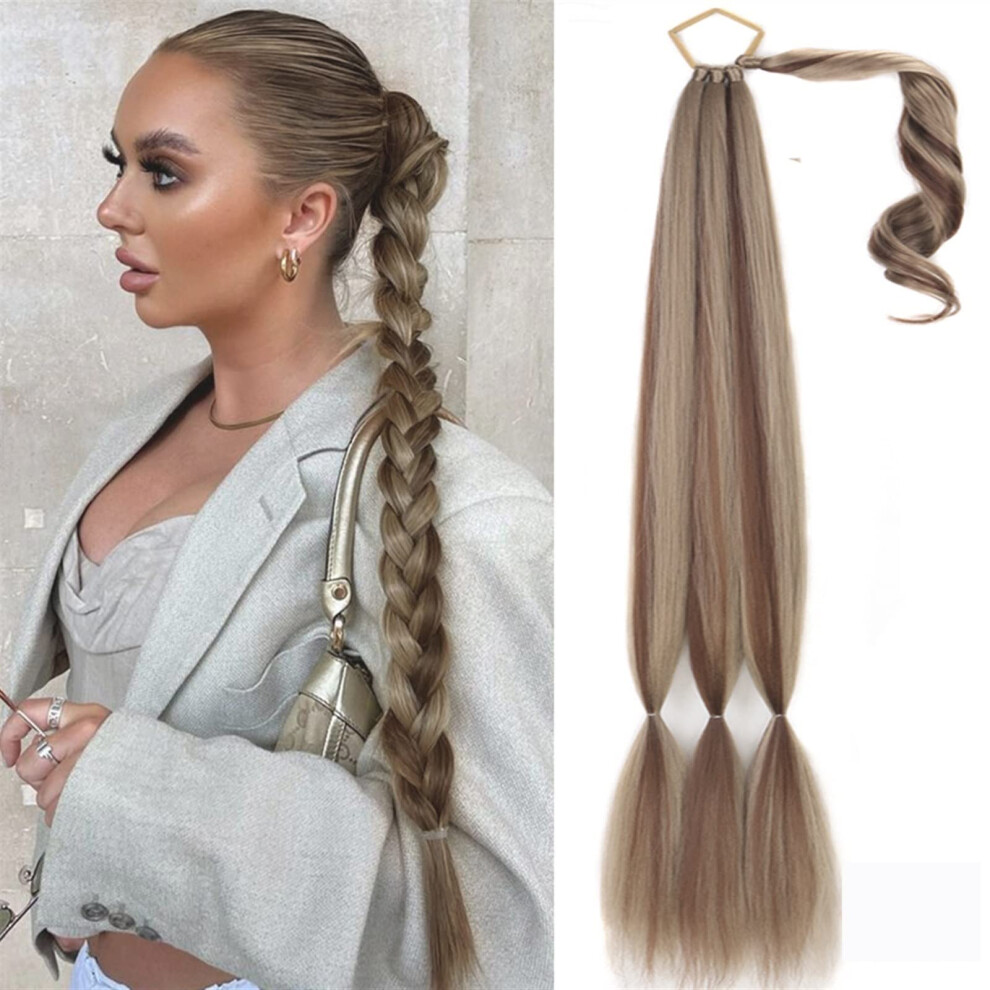 Unisex Brown Synthetic Braided Ponytail Extension 34 Inch Mix Long Hairpiece For Women With Secure Tieon Attachment
