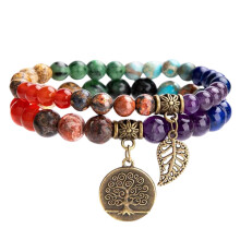 Spiritual Chakra Bracelets for Women, 2pcs Natural Stone with Life Tree Leaf Charm Bracelet Set, Lucky Positive Charms Bracelets Jewellery for Women L