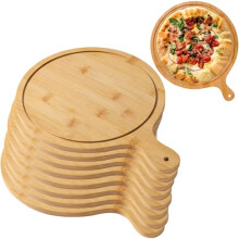 Pizza Serving Board Set of 8 with Bamboo Paddle and Grooved Edge, Wooden Handle, 1013 Inch