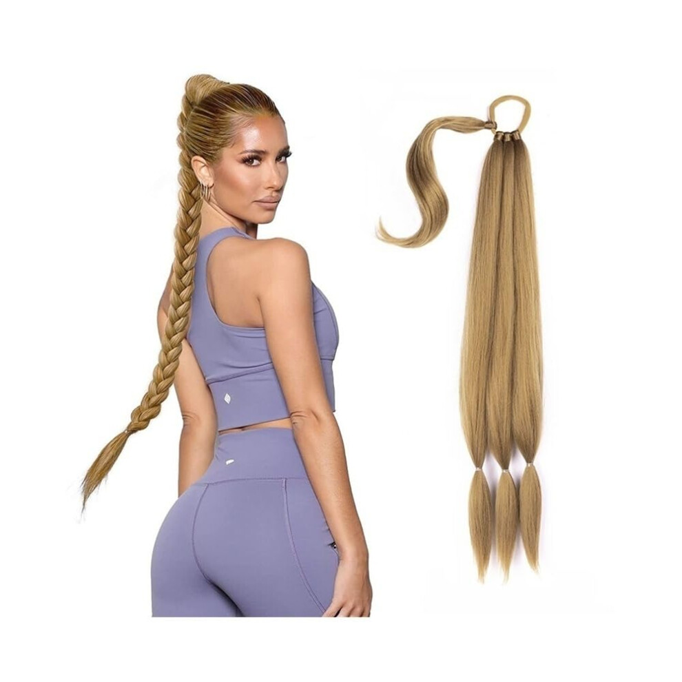 Unisex Brown Ponytail Hair Extensions 26 Inch Long Braided Wrap Around Synthetic Hairpiece Yaki Straight