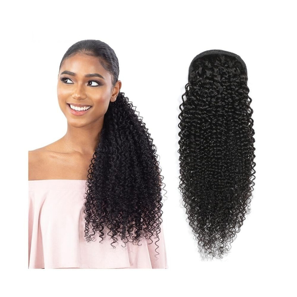 Unisex Black 26 Inch Kinky Curly Human Hair Ponytail Extension Natural Brazilian Remy Drawstring Hairpiece