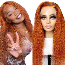 Ginger Orange Human Hair Lace Front Wig 34 Inch Brazilian Virgin Water Wave Preplucked 150% Density
