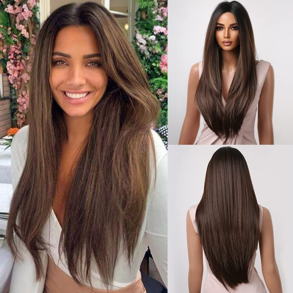 24 Inch Ombre Brown Long Straight Layered Wig with Dark Roots, HeatResistant Synthetic Hair