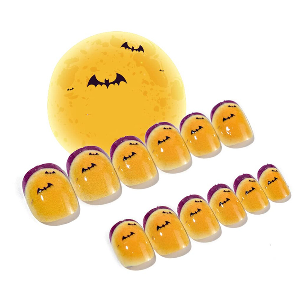 Halloween Press On Nails for Kids and Adults, Witch Cat Pumpkin Design, 24pcs PreGlued Set