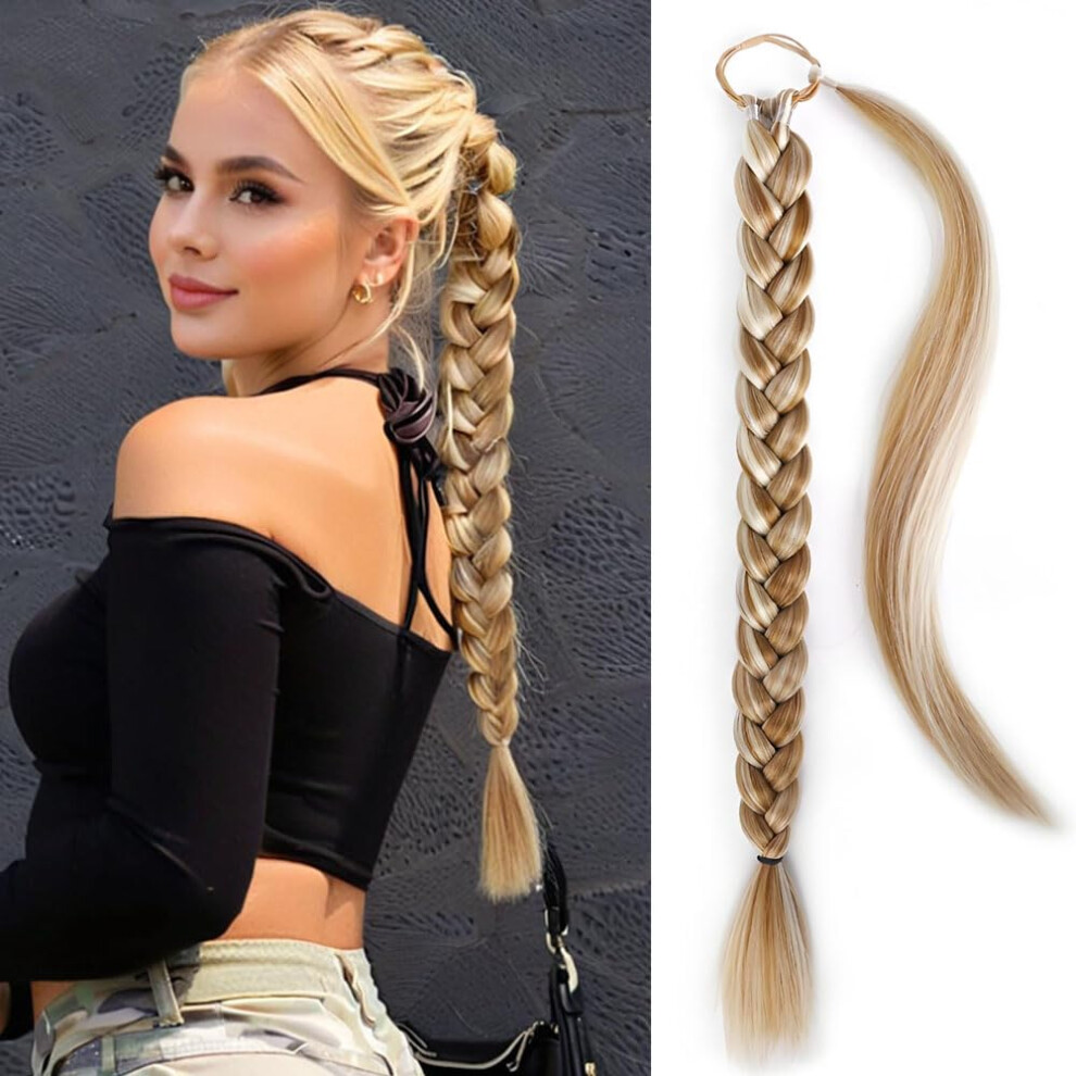 Braided Ponytail Hair Extension 24 Inch Wrap Around Mix Golden Ash Blonde Synthetic Hairpiece