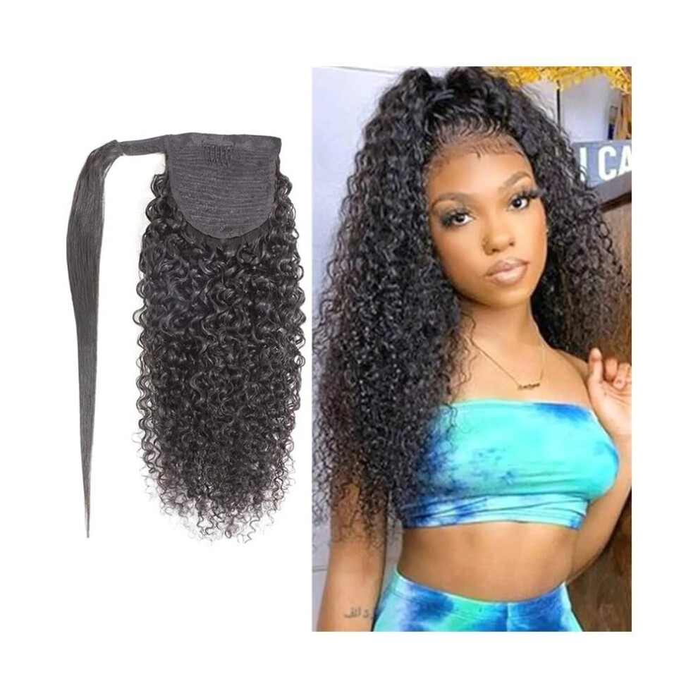Unisex Black 28 Inch Kinky Curly Human Hair Ponytail Extension Brazilian Remy Wraparound Natural