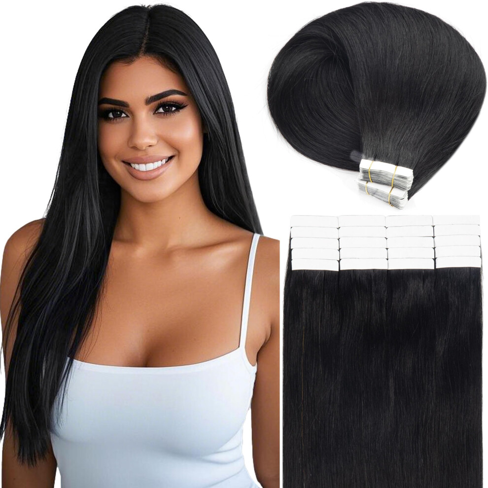 Unisex Black 18 Inch Invisible Tape In Hair Extensions 100% Remy Human Hair Seamless Jet 20Pcs 50G