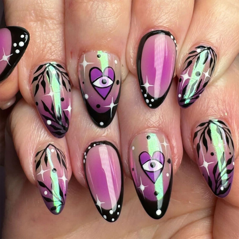 24 Pcs Glitter Short Almond Press On Nails Acrylic Valentine Heart Design Instant Salon Manicure