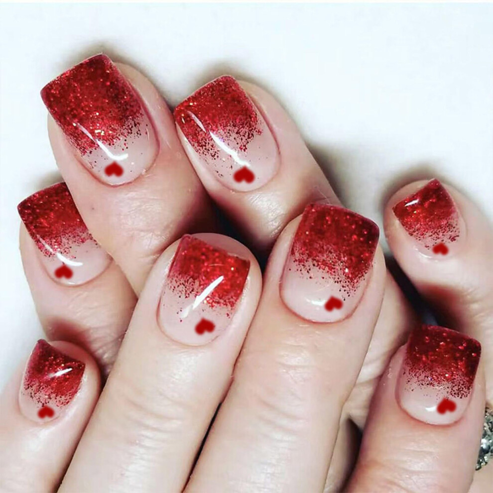 24PCS Square Press On Nails Valentine French Tip Fake Nails for Weddings and Parties