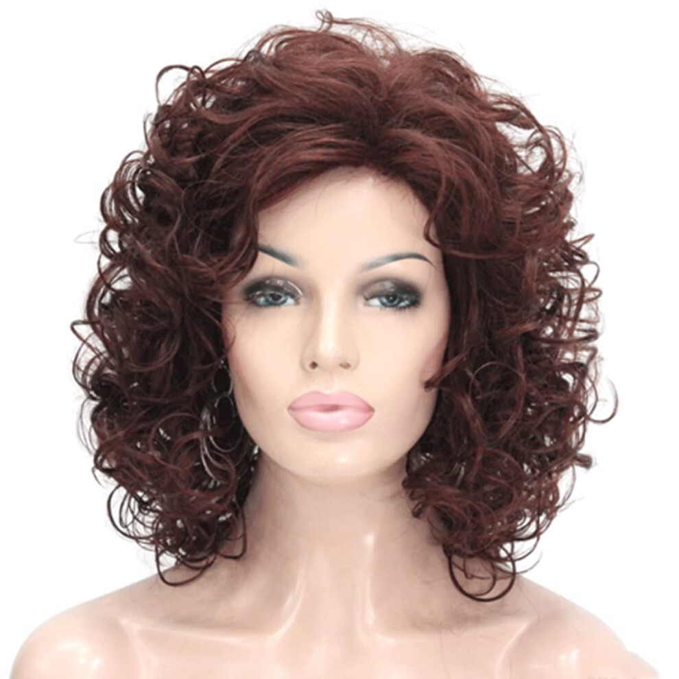 Unisex Red Auburn Lace Front Curly Wavy Bob Wig 40Cm With Bangs, Adjustable Comfortable Fit For Women