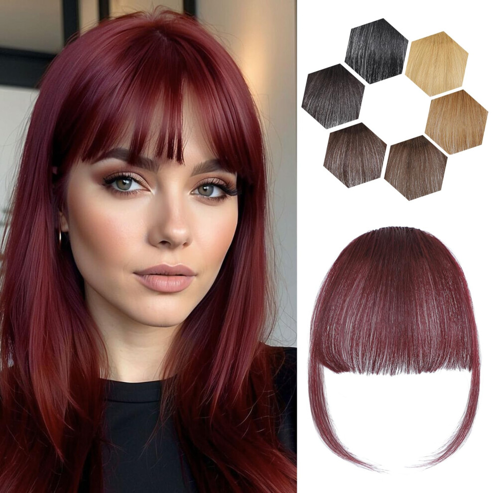 Unisex Red Wine Human Hair Clip In Bangs For Women, 100% Real Wispy Fringe With Sideburns