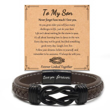 Pulseira masculina de couro premium com design de nó infinito, ajustável em 21 cm, ideal para pais, filhos, aniversários e Natal.