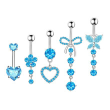 5PCS Belly Button Bars, Hand-Polished 14G Belly Bar with Blue Crystal Rhinestone for Daily Wear, Swimming, Parties