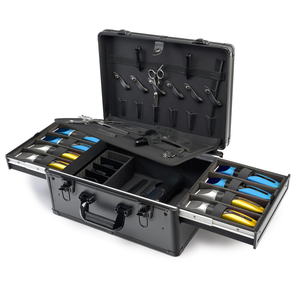 Professional Barber Case with 6 Clipper Slots and 8 Shear Holders, Aluminum Organizer for Stylists and Groomers