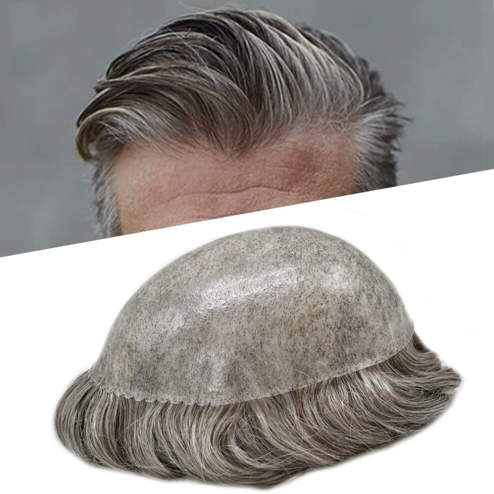 Unisex Brown,Grey Men's Toupee Human Hair Hairpiece Full Poly Skin 6X8 Pu Base Natural Hairline Dark Brown Grey