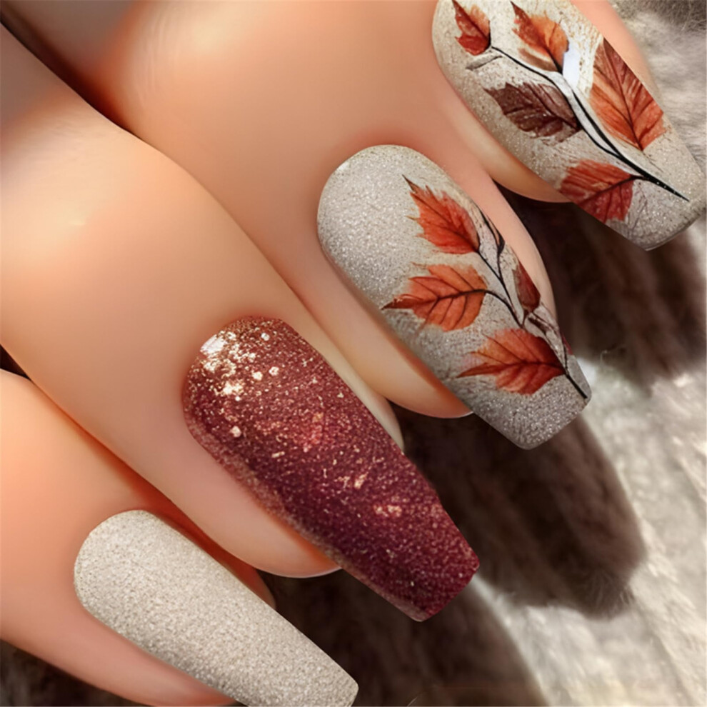 Autumn Maple Leaves Press On Nails Set 24 Pcs Fall Fake Nails with Festive Thanksgiving Design