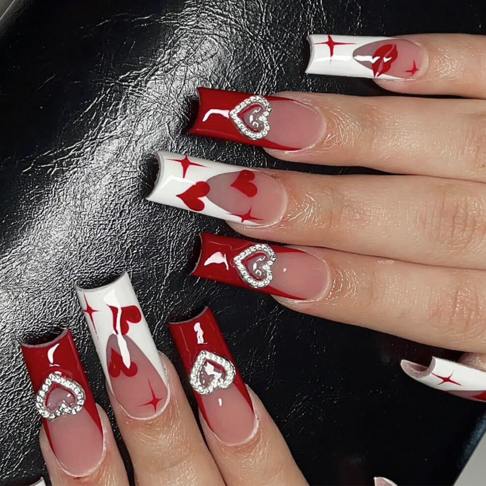 24pcs Long Coffin Press On Nails with 3D Charm, French Style False Nails, Natural Looking Finish