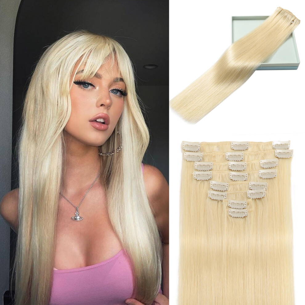 Unisex Silver 14 Inch Platinum Blonde Clip In Human Hair Extensions Brazilian Remy Double Weft For Instant Volume