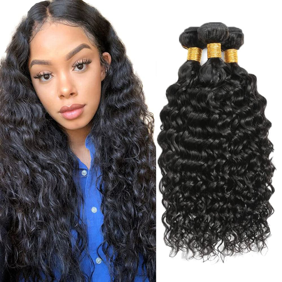 Unisex Black Brazilian Water Wave Human Hair Extensions 3 Bundles Virgin Remy Natural Double Weft 20 22 24 Inch