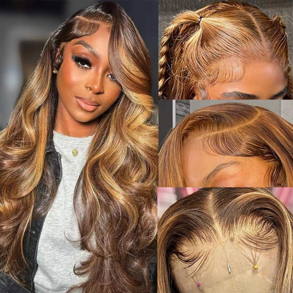 28 Inch Honey Blonde Ombre Human Hair Lace Front Wig 13x6 Body Wave Pre Plucked 180% Density