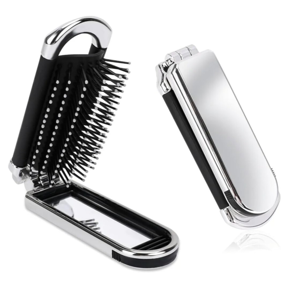 Silver Travel Hair Brush Foldable Compact Design With Removable Mirror Soft Bristles With Bow