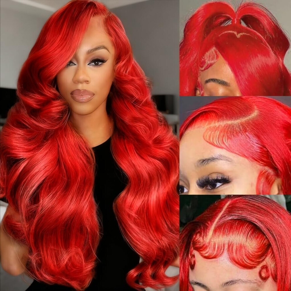28 Inch Red Lace Front Wig Human Hair 200 Density HD Lace Pre Plucked 13x4 Body Wave