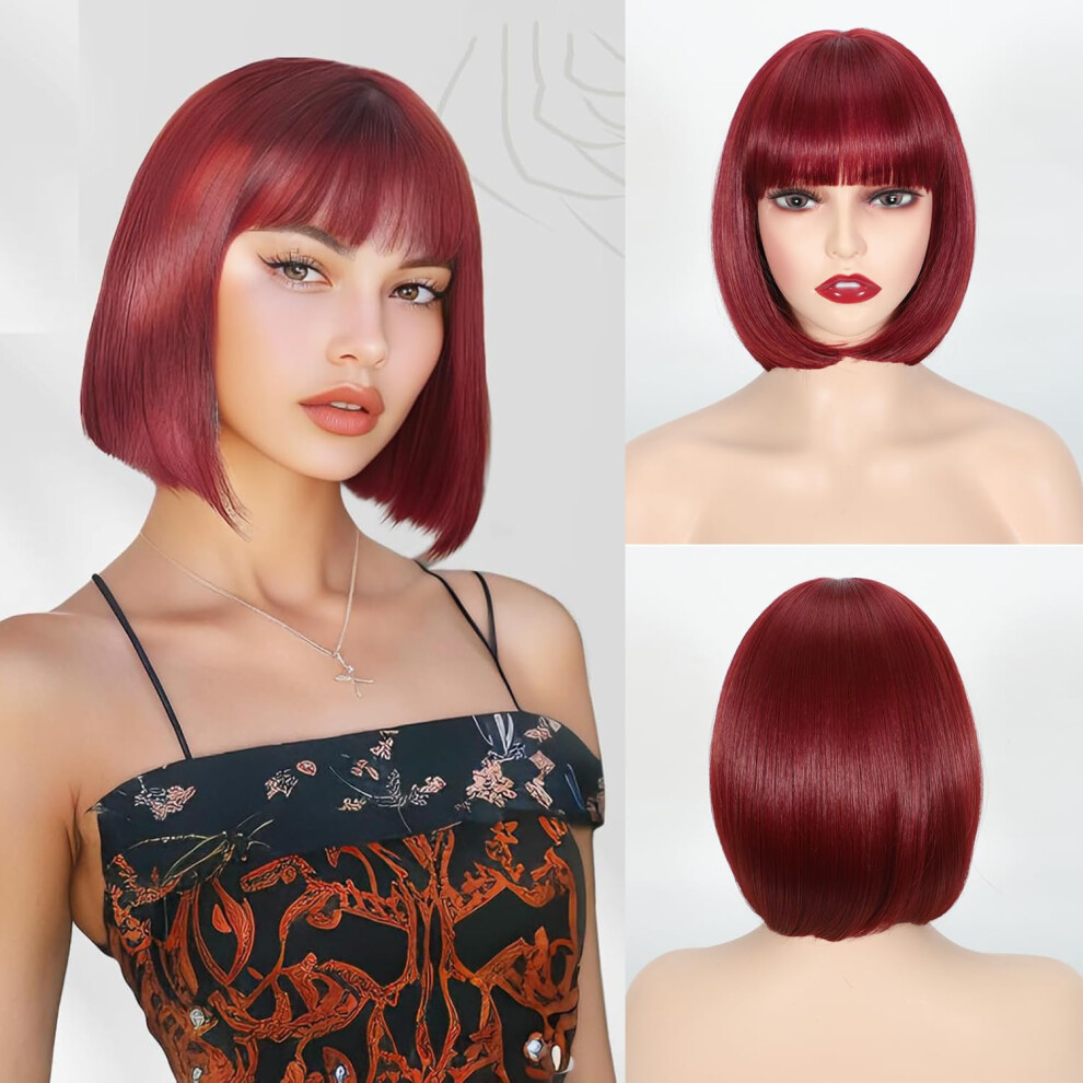 Unisex Red Bob Wig With Bangs 12 Inch Straight Synthetic Heatresistant Fiber For Women Natural Looking