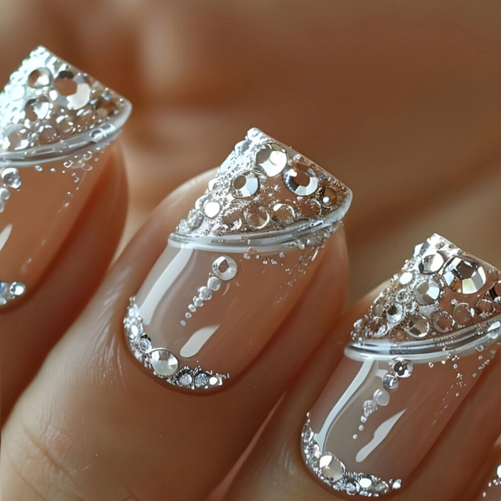 Short Square French Press On Nails with Rhinestone Glitter Accents, Shimmering and Reusable