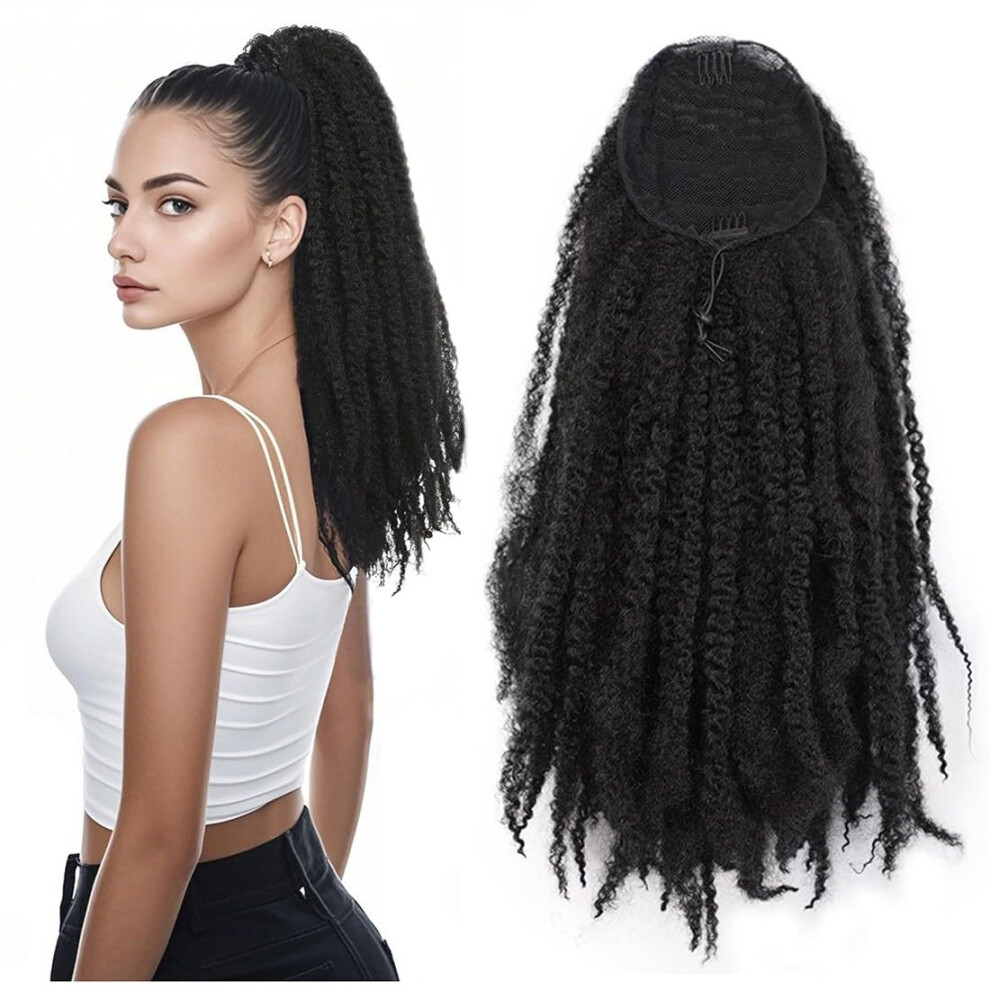 Unisex Black 18 Inch Synthetic Drawstring Ponytail Hairpiece, Afro Kinky Twist Extension For Women, 1B