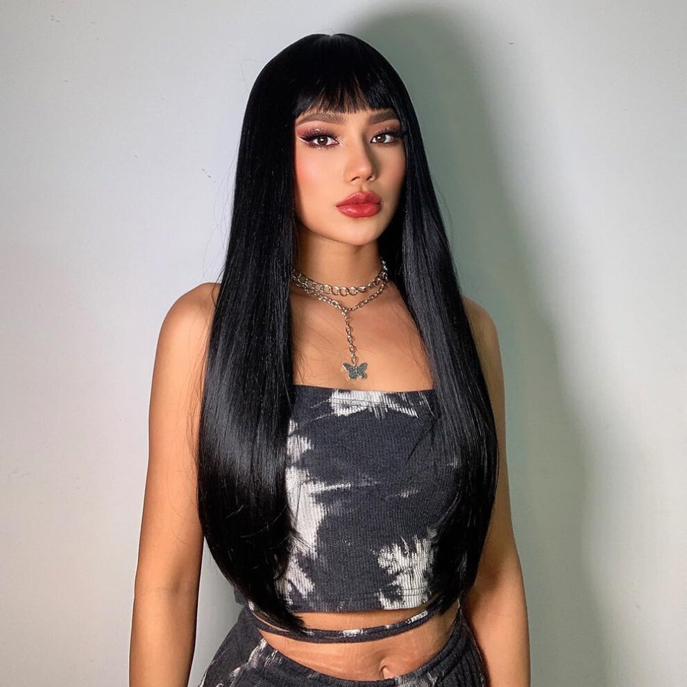 Unisex Black Wigs For Women Long Straight Heat Resistant Synthetic Wig With Bangs Gradient Gray