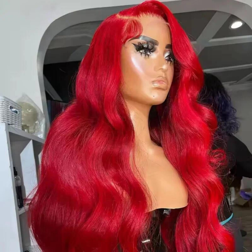 28 Inch Red Body Wave Lace Front Wig Human Hair 13x4 Transparent Swiss Lace PrePlucked Hairline