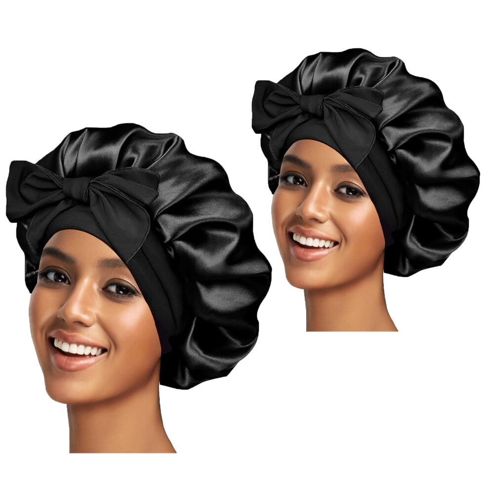 Satin Sleep Bonnet for Curly Hair with Wide Soft Elastic Band, Double Layer Black Shower Cap for Women