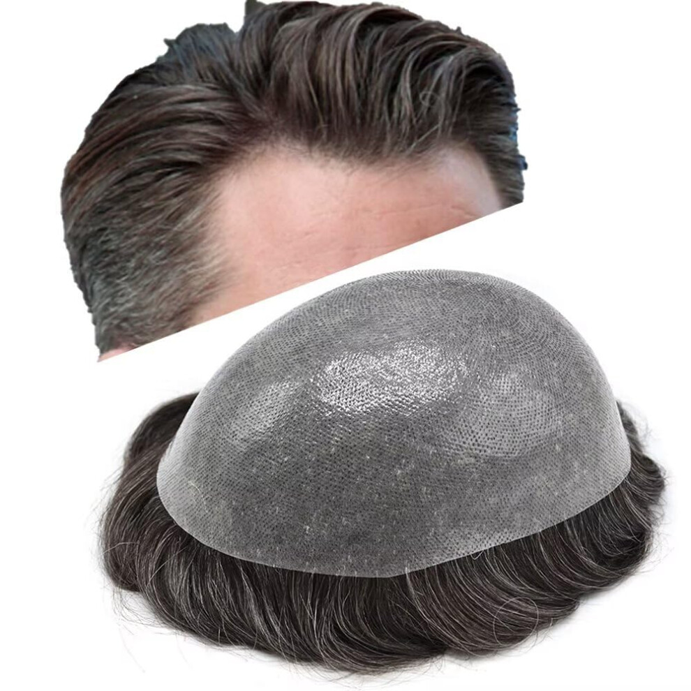 Unisex Brown Mens Toupee Thin Skin Indian Human Hairpiece With Realistic Hairline, Dark Gray 120% Density