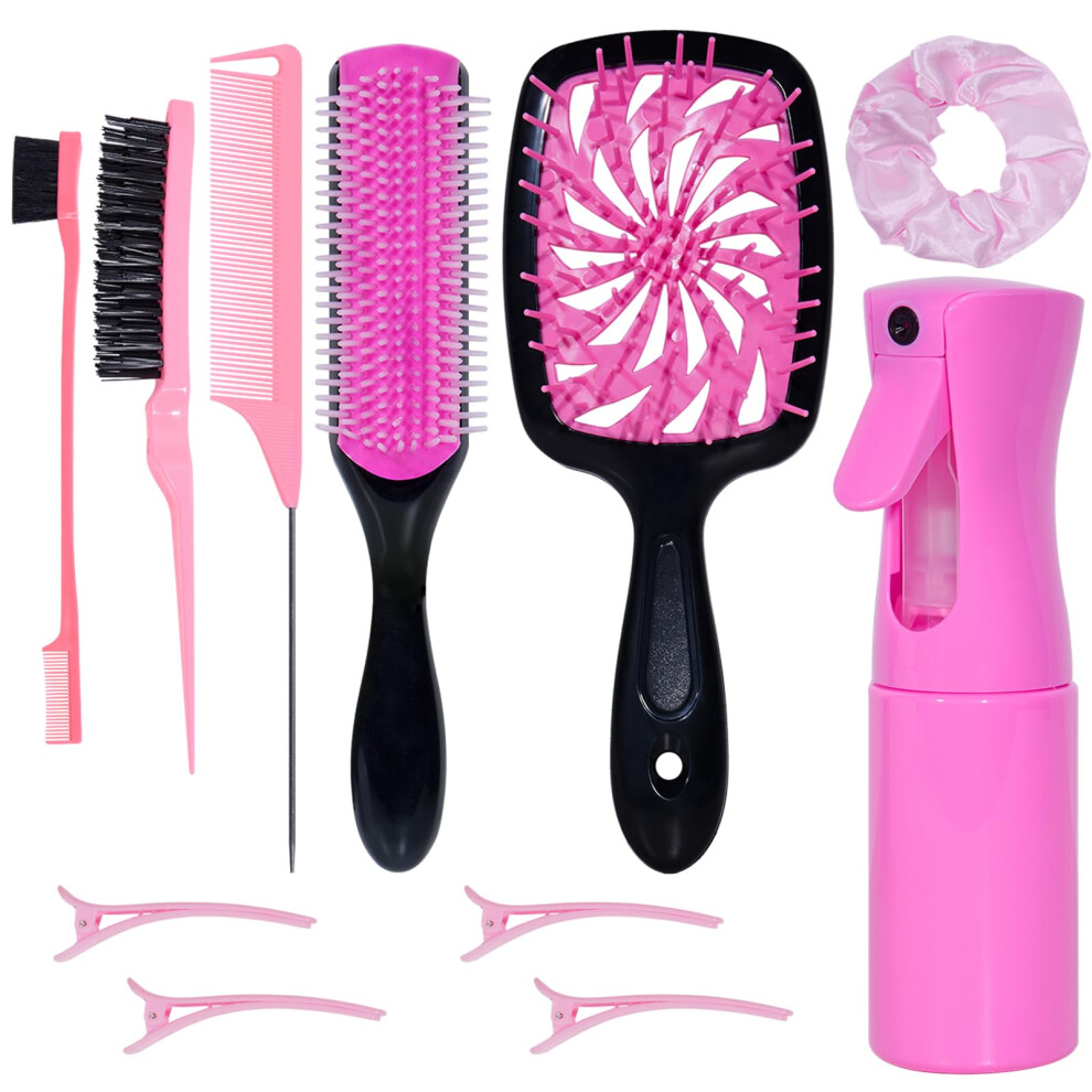 Pink 11 Pcs Hair Brush Set With Spray Bottle, Detangling Brush For Wet And Dry Hair, Styling Clips,