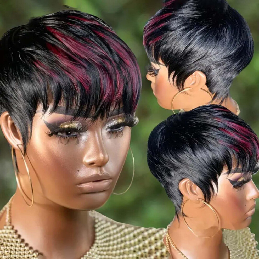 Unisex Black Pixie Cut Human Hair Wig With Bangs For Women, Short Layered Glueless Style 1B99j