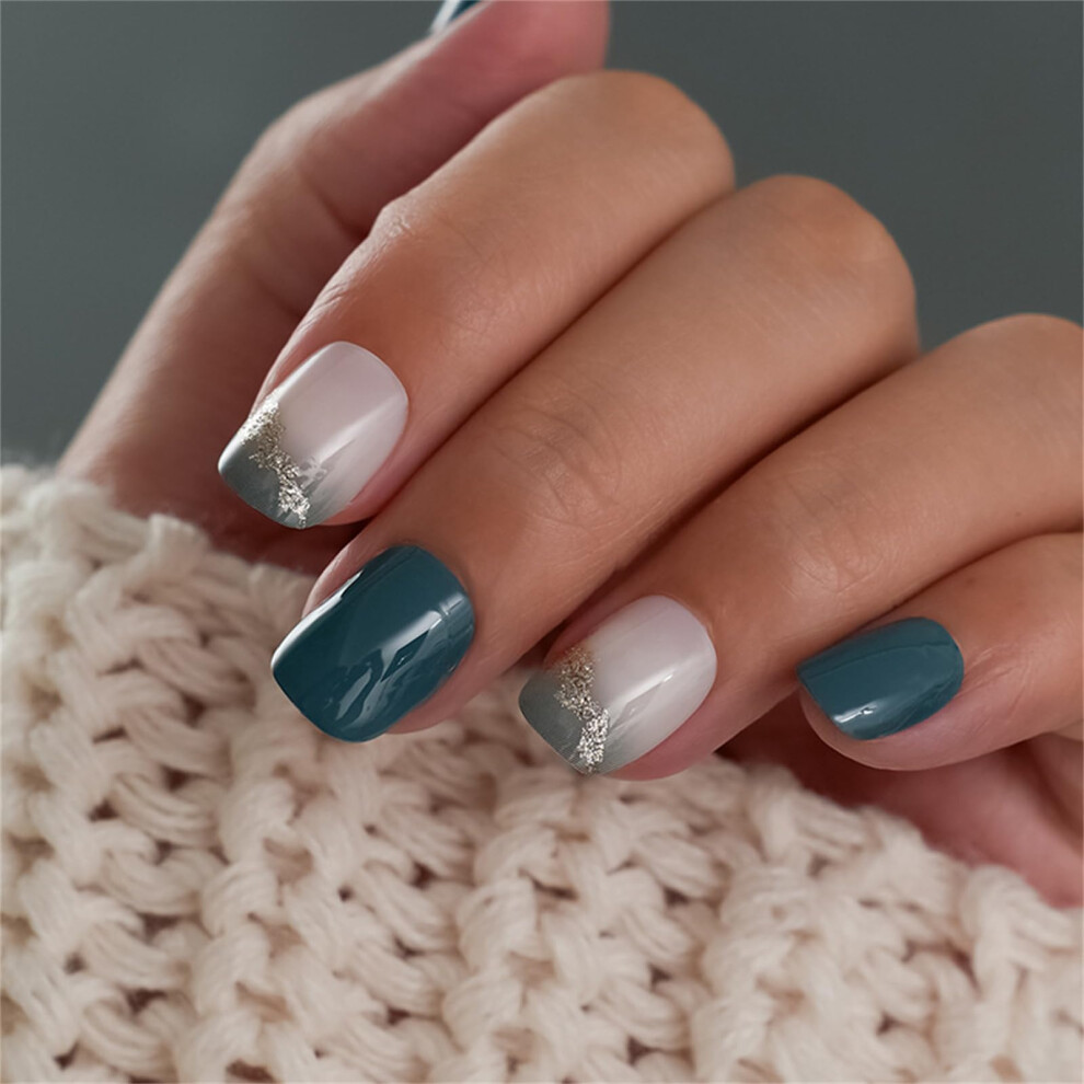 Blue 24Pcs Short Square Press On Nails Sea Glitter French Tip False Nails Salonquality Finish