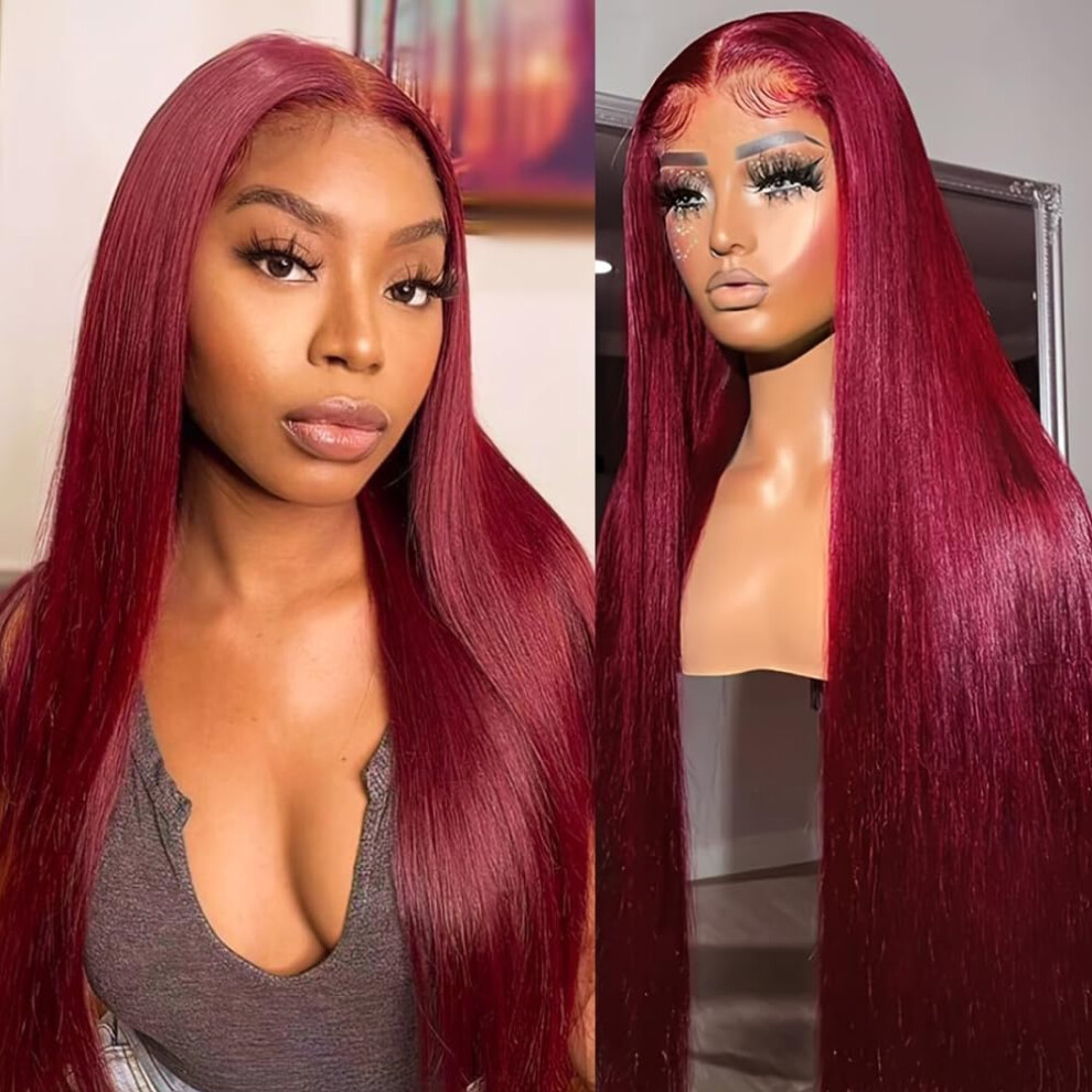 Unisex Red 99J Burgundy Lace Front Wig Human Hair 13X6 Hd Glueless Pre Plucked 200 Density 22 Inch