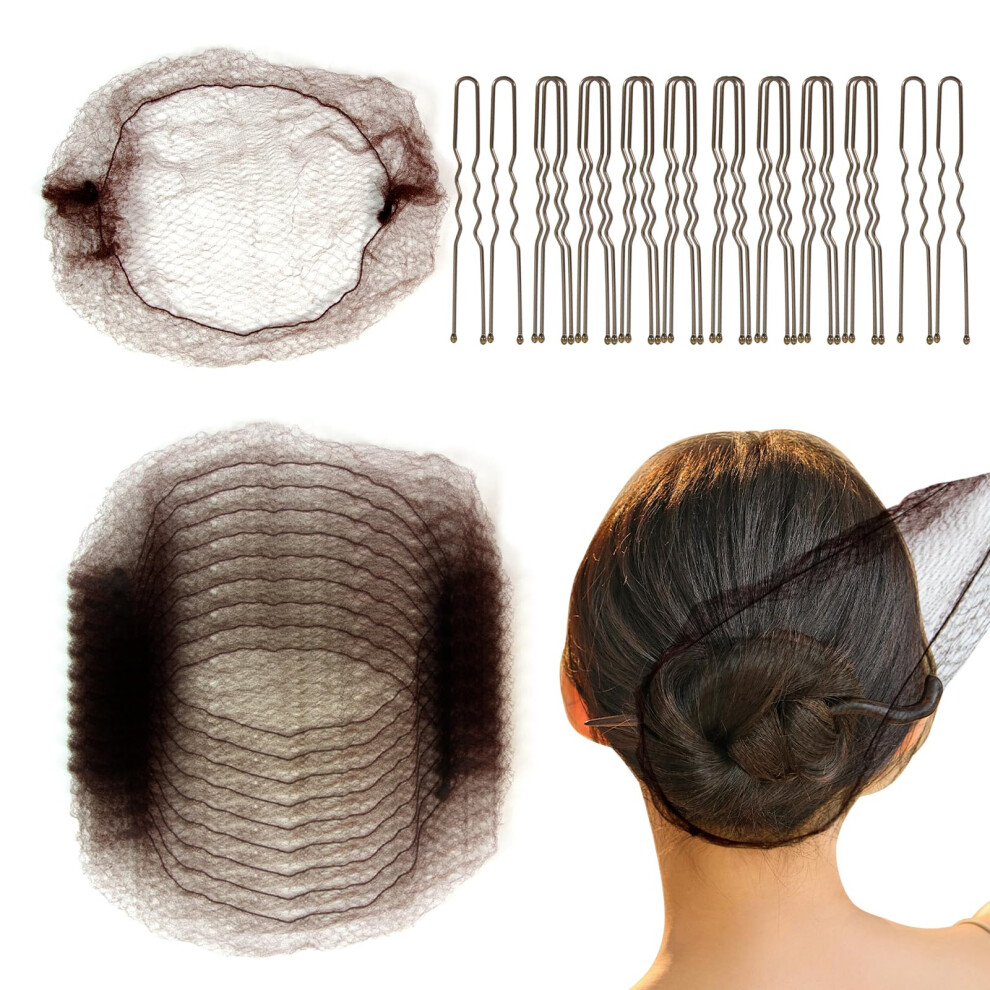 Hair Accessories Set Brown Mesh Hair Nets 20in 10pcs with 2.4in U Shaped Pins 20pcs for Secure Bun