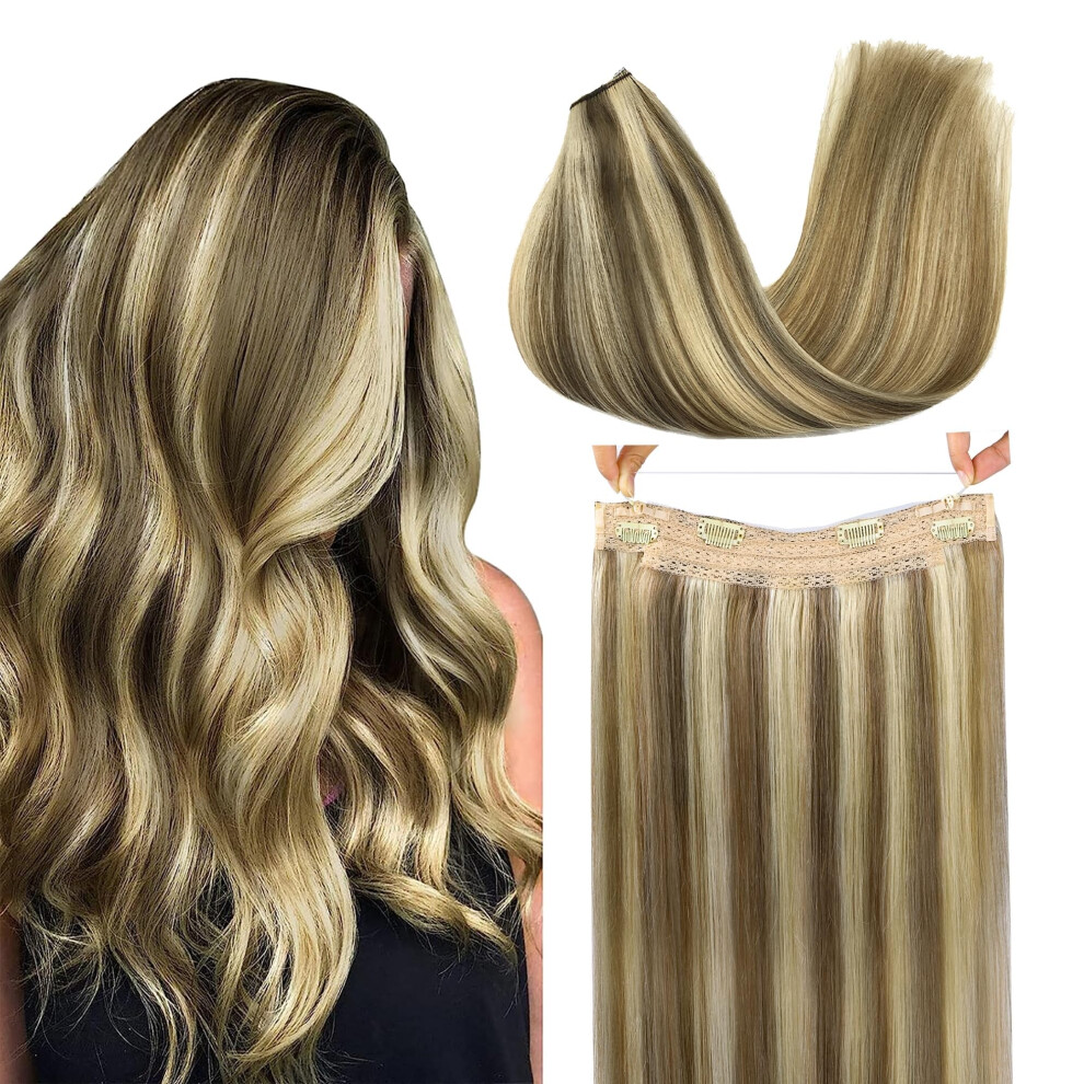 Unisex Wire Hair Extensions Remy Human Hair 12Inch #P8b/60B Seamless Fish Line Invisible Adjustable Hairpiece