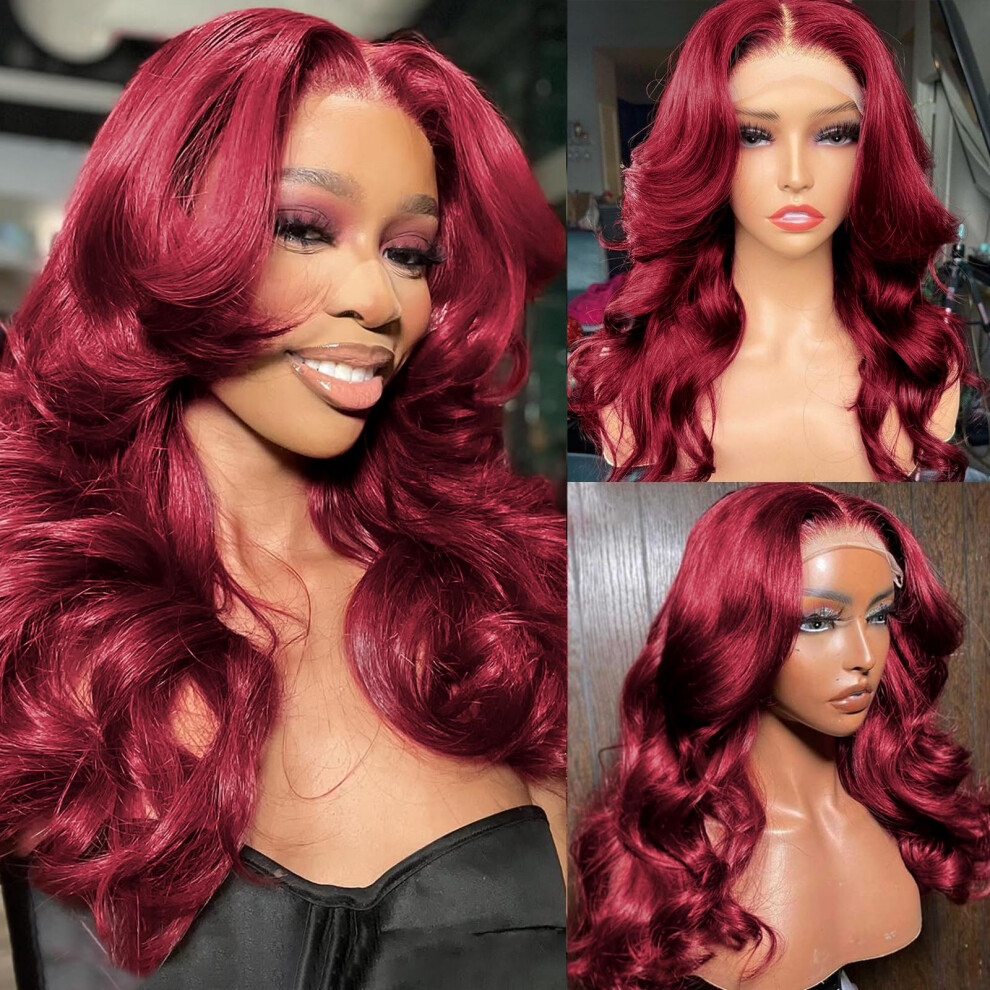 99J Burgundy Human Hair Lace Front Bob Wig 18 Inch 13x4 HD Natural Hairline 200 Density