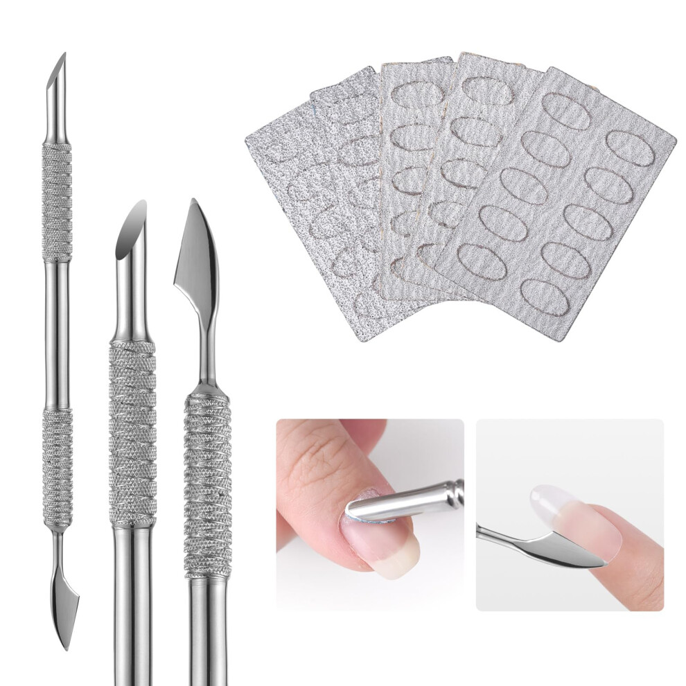 Dual Ended Nail Cuticle Pusher with 100240 Grit Sandpaper Sheets, Stainless Steel Manicure Pedicure Tool
