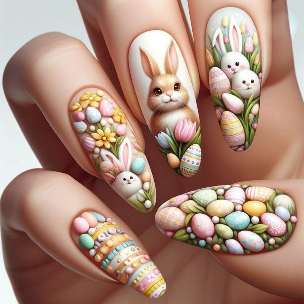 Easter Press On Nails 24pcs Almond Long Fake Nails with Glue Bunny Egg Spring Floral Design