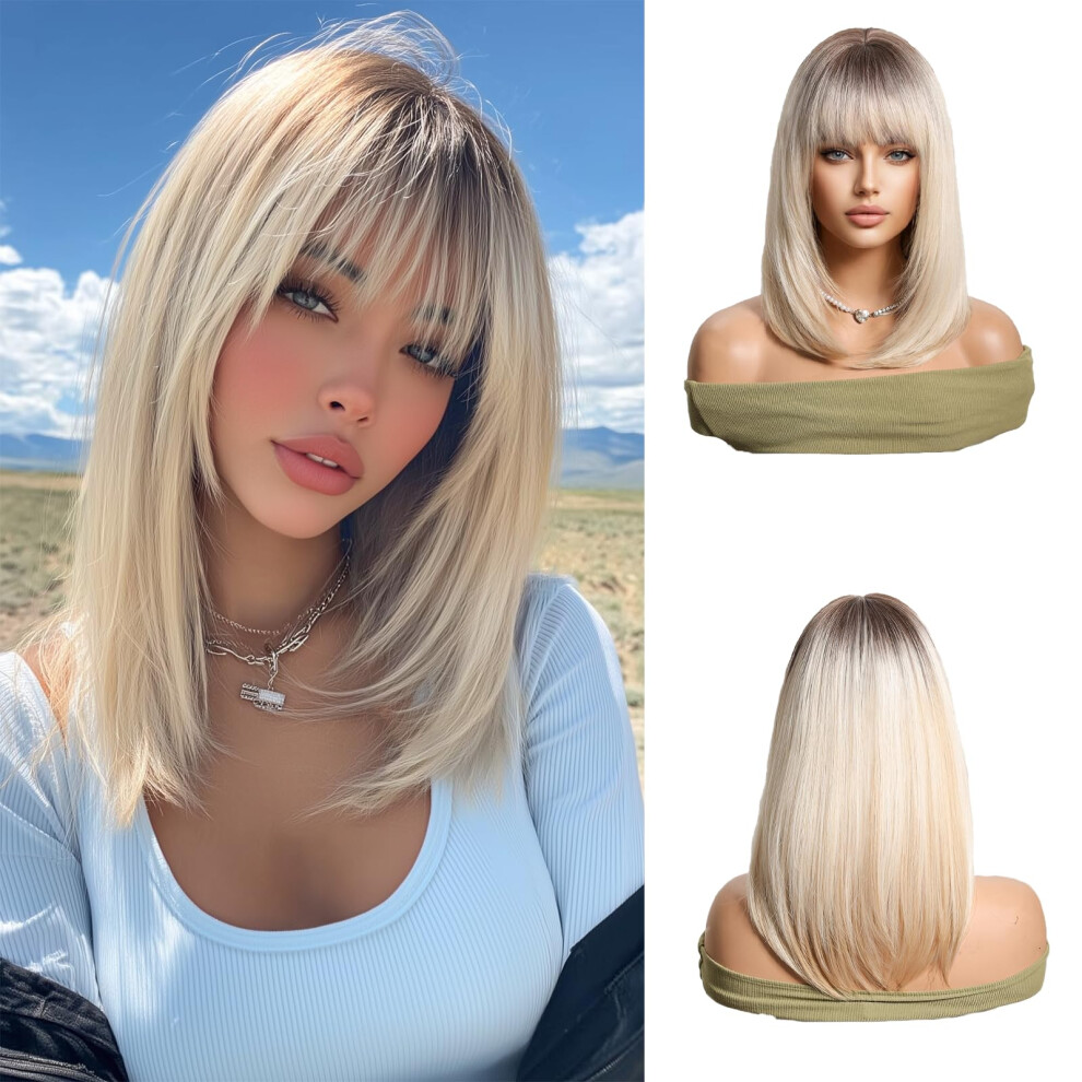 Unisex Blonde Bob Wig With Bangs Ombre Blonde Style Synthetic Layered 14 Inch Wig For Women