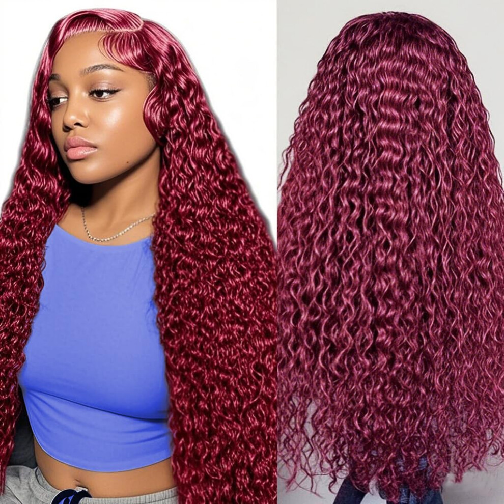 99J Burgundy Deep Wave Lace Front Human Hair Wig 26 Inch 200 Density Glueless Natural Hairline