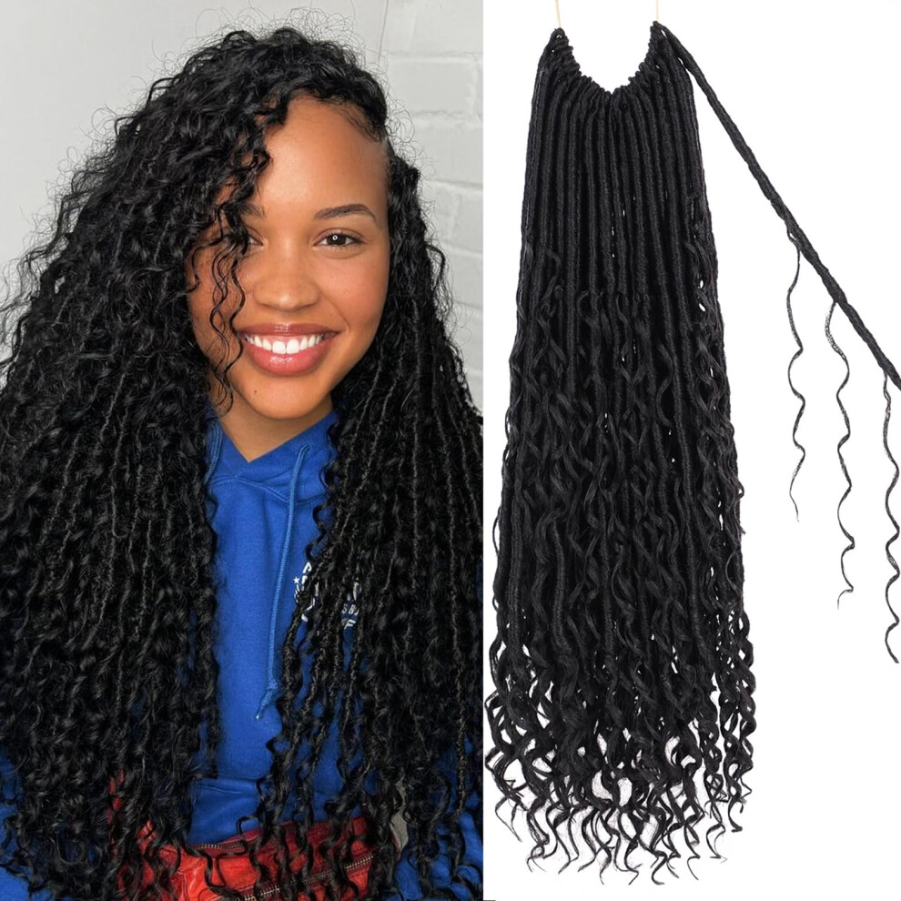 Unisex Goddess Locs Crochet Hair 18 Inch Prelooped Boho Locs With Curly Ends Synthetic Extensions 1B#